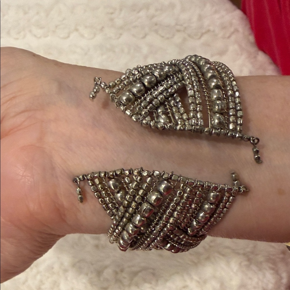 Silver Rhinestone Hoop Earrings & Beaded Cuff Bracelet Set - Picture 5 of 5